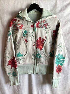 Vintage Lululemon Floral Scuba Hoodie Zip Up Jacket Mint Pink Flower Size 4
